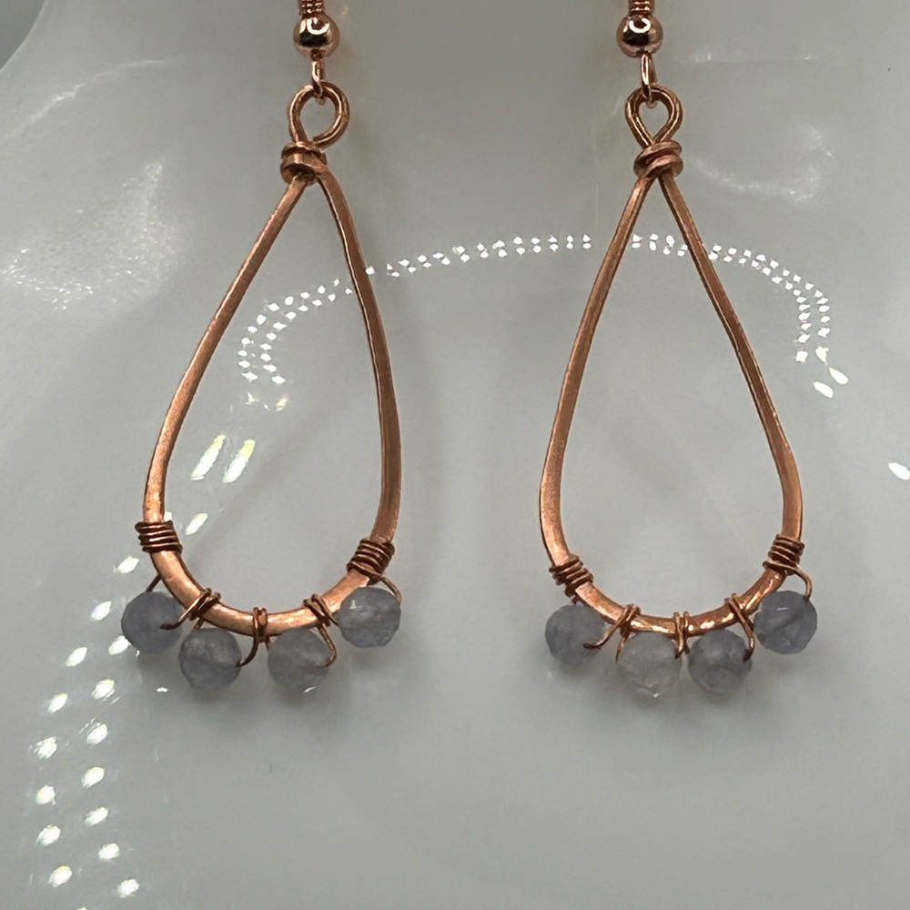 Handcrafted Copper Teardrop Earrings with Tanzanite beads.